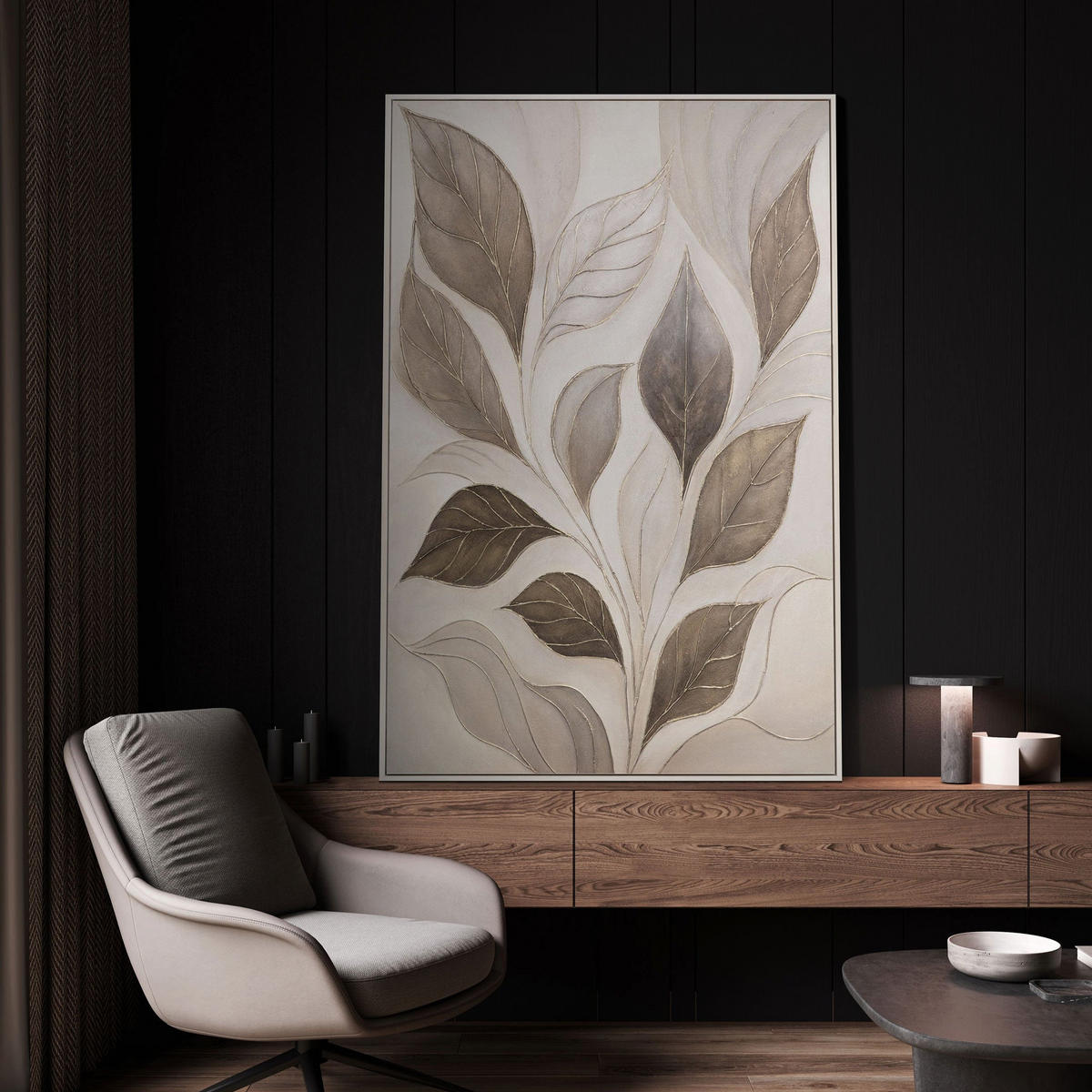 GEMÄLDE Wind in den Blättern Schattenfugenrahmen Beige 140x100 cm - Beige, Holz (140/100cm) - YS-art gallery