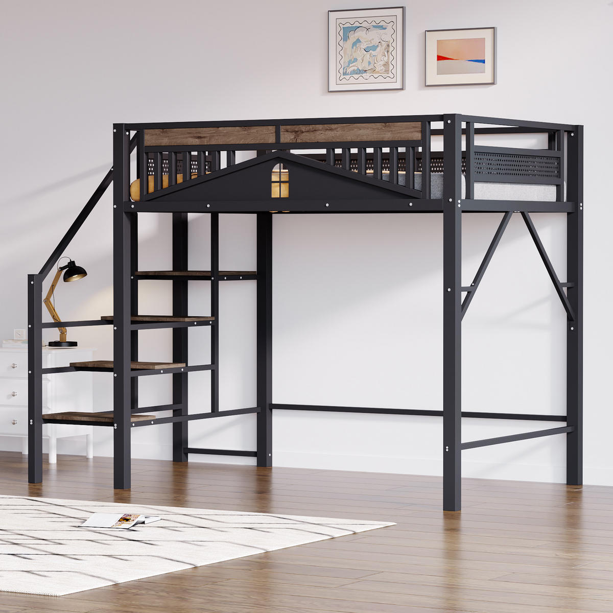 HOCHBETT 140/200 cm in Schwarz mit Stauraum, Sicherheitsleiter und Fensterdesign - Schwarz, Holz/Metall (140/200cm) - STILVORA