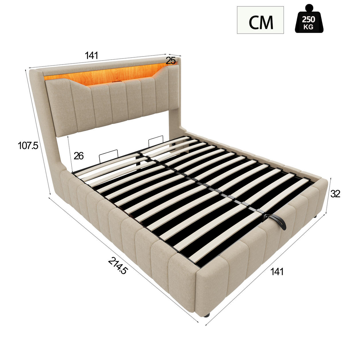 POLSTERBETT 140x200 cm in Beige mit hydraulischem Stauraum, LED und USB-/USB-C-Anschlüssen - Beige, Textil (140/200cm) - IVMEU