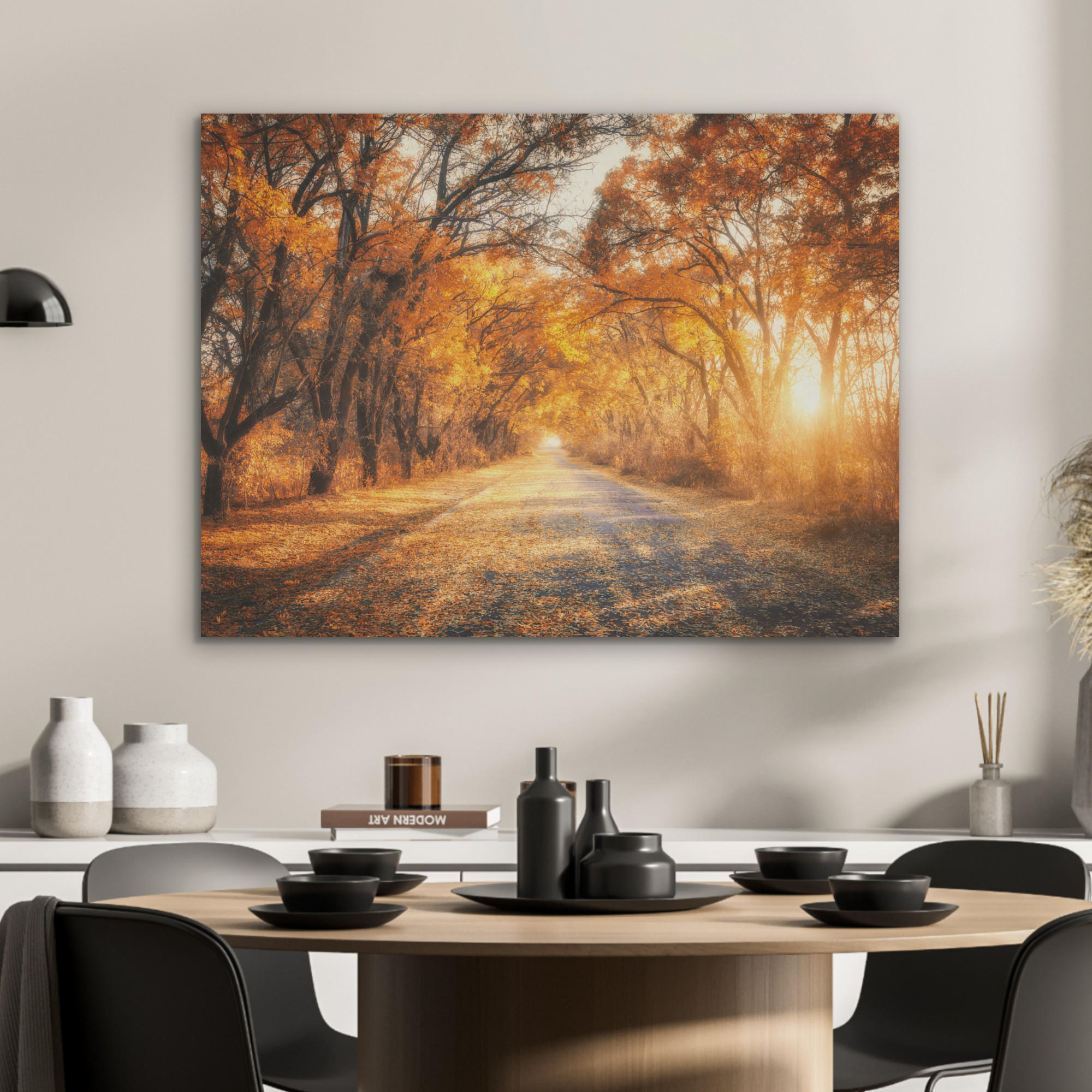 AKUSTIKPANEEL Wald - Herbst - Bäume - Waldweg - Natur 80x60 cm - Bernsteinfarben, Textil (80/0.9/60cm) - MuchoWow