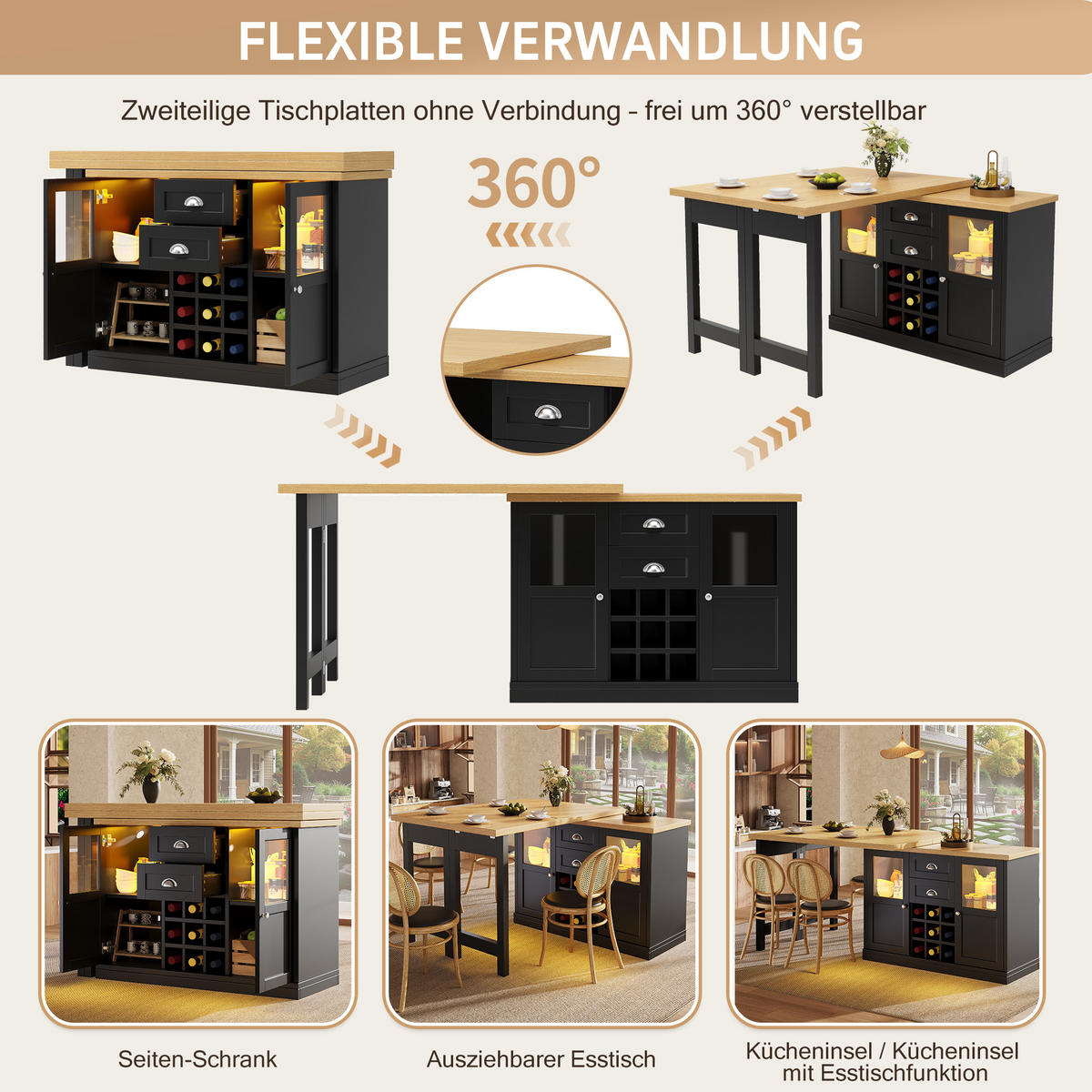 ESSTISCH Ausziehbar 120–197cm 360° LED Stauraum Weinregal - Schwarz, Holzwerkstoff (40/120/72cm) - FLIEKS
