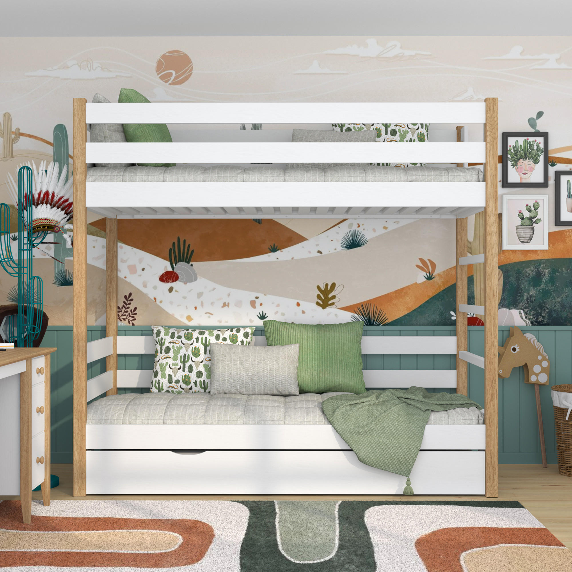 ETAGENBETT N03 mit Matratzenschublade Weiß / Eiche Natur 120/200 - Eiche Artisan/Weiß, Naturmaterialien/Holz (120/200cm) - N-Wood