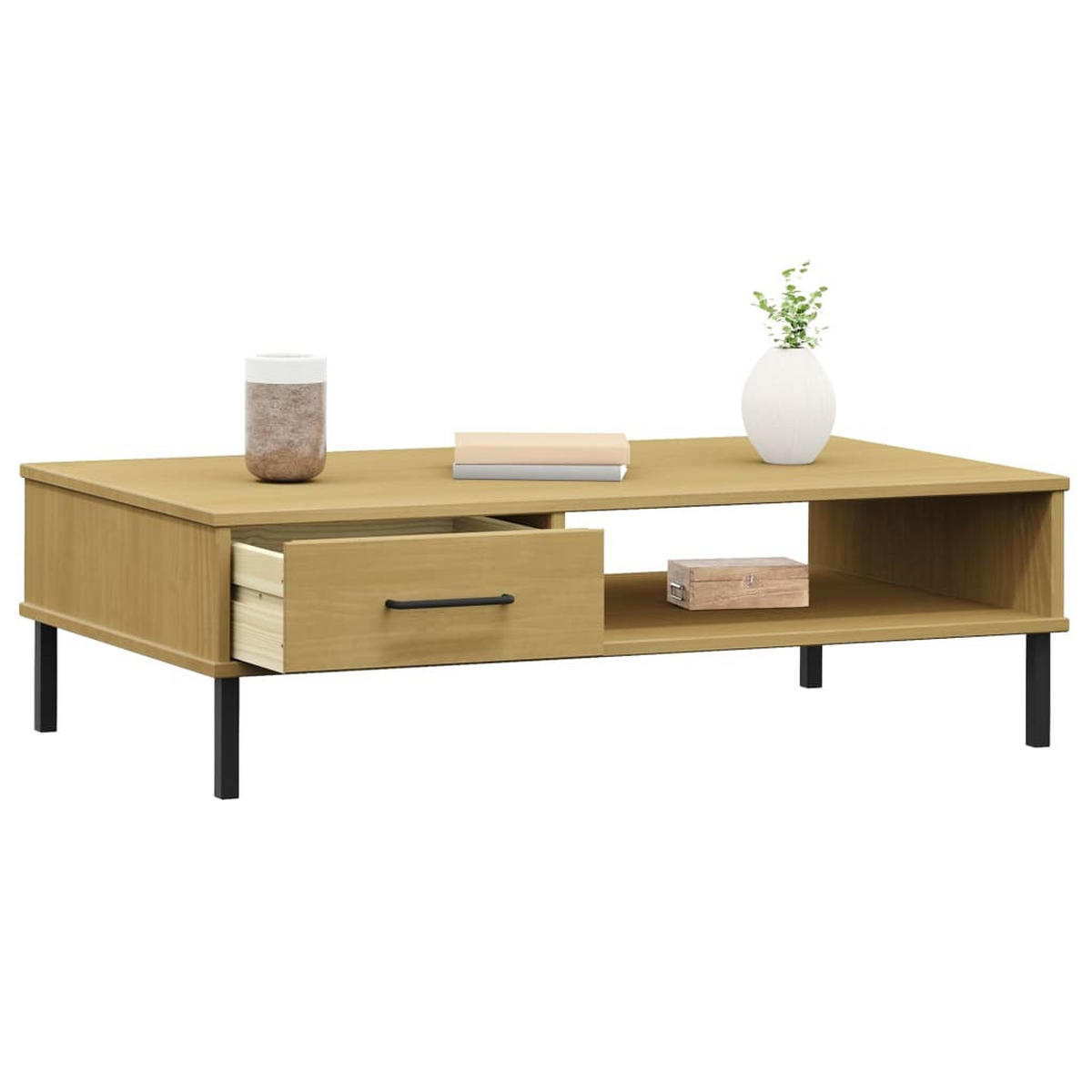 COUCHTISCH OSLO mit Metallbeinen Braun Massivholz Kiefer - Braun, Holz (100/55/29cm) - furnicato