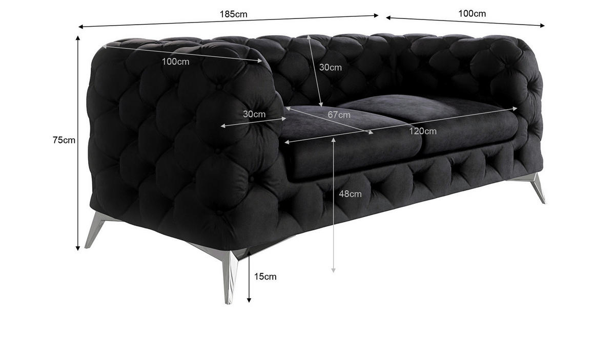 CHESTERFIELD-SOFA 2-Sitzer Laura Schwarz Samt - Silberfarben/Schwarz, Holz/Textil (185/75/100cm) - S-Style Möbel