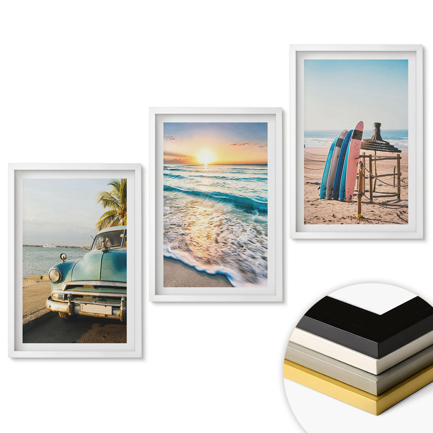WANDBILDER 3er-Set - 40x60 cm Weißer Rahmen - Sonnenuntergangsurlaub in Miami - Weiß, Kunststoff (40/60cm) - ArtPrintCave