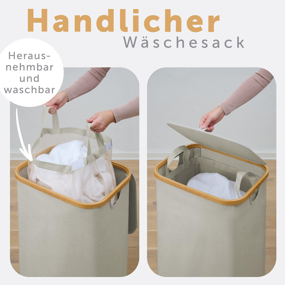 WÄSCHEKORB mit DeckeL, 100L, Beige - Beige, Holz (33/74/44cm) - Blumtal
