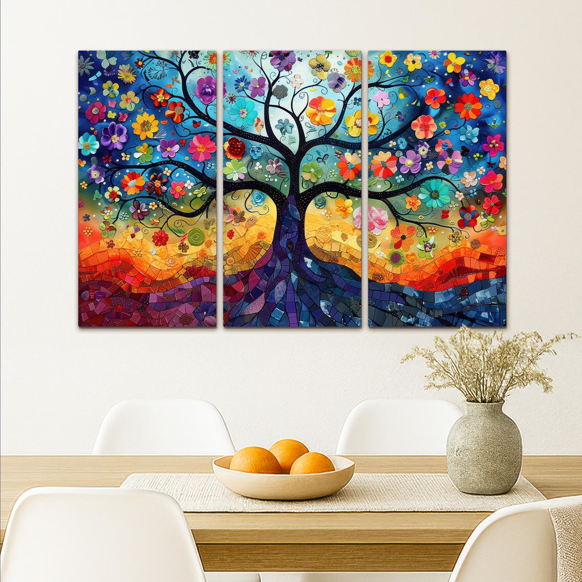 LEINWANDBILD 3er Set Bunt - Baum des Lebens - Blumen - Abstrakt 90x60 cm - Blau, Textil (90/60cm) - MuchoWow