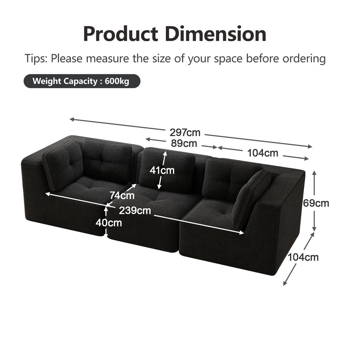 ECKSOFA modular mit 74 cm Sitztiefe Cord Schwarz - Schwarz, Kunststoff (104/69/297cm) - Meubliv