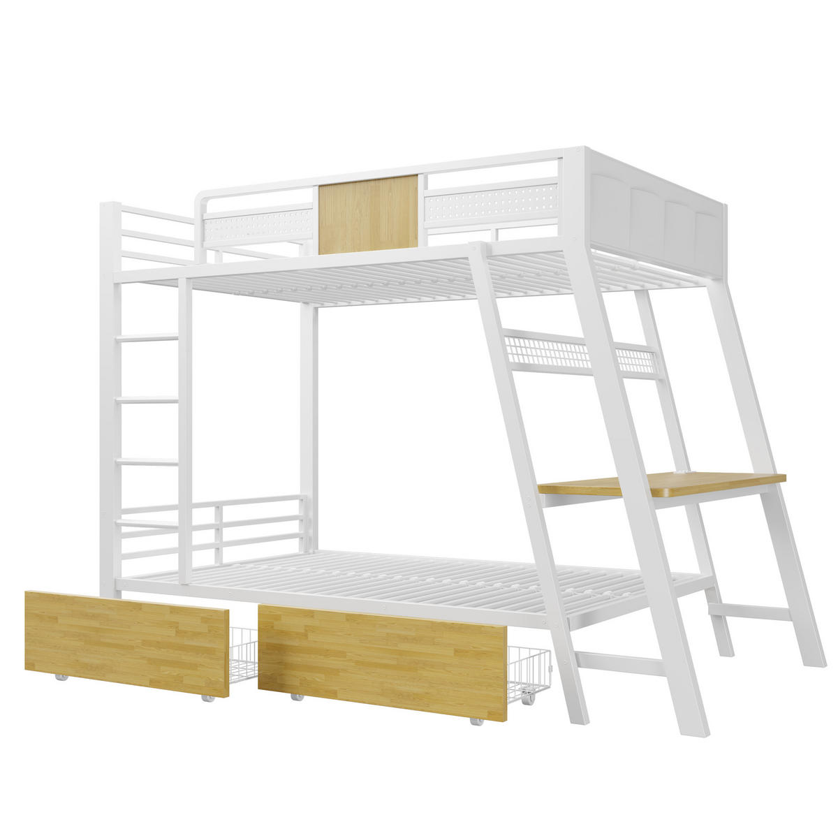ETAGENBETT Weiß 90×200cm mit Gaming-Schreibtisch, Steckdosen, LED-Lichtband und Stauraum - Weiß, Metall (90/200cm) - Luhomfu