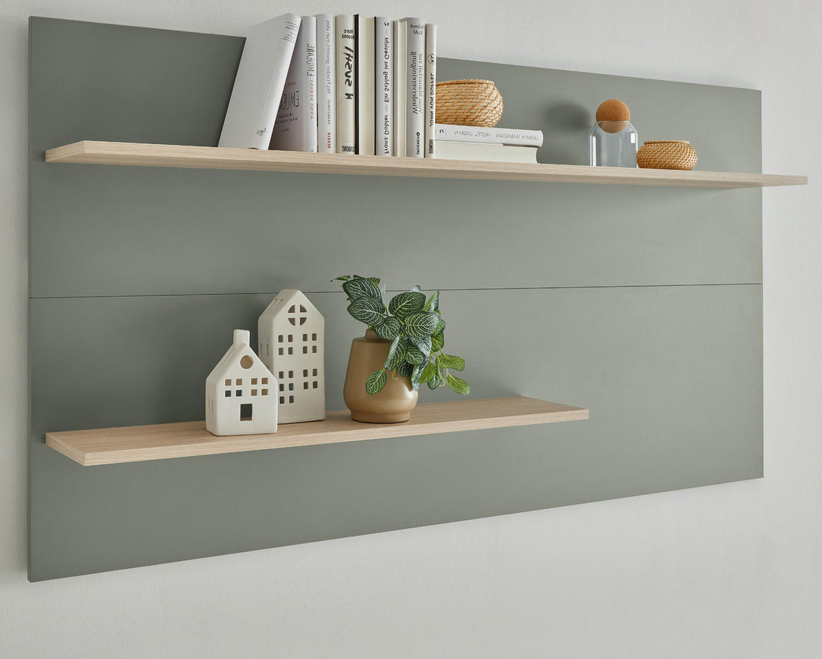 WANDPANEEL Salbei grün, Barista Eiche 155 x 80 cm, Wandregal mit 2 Ablagebödem - Salbeigrün/Eichefarben, Holzwerkstoff/Metall (155/80/20cm) - Furn.Design