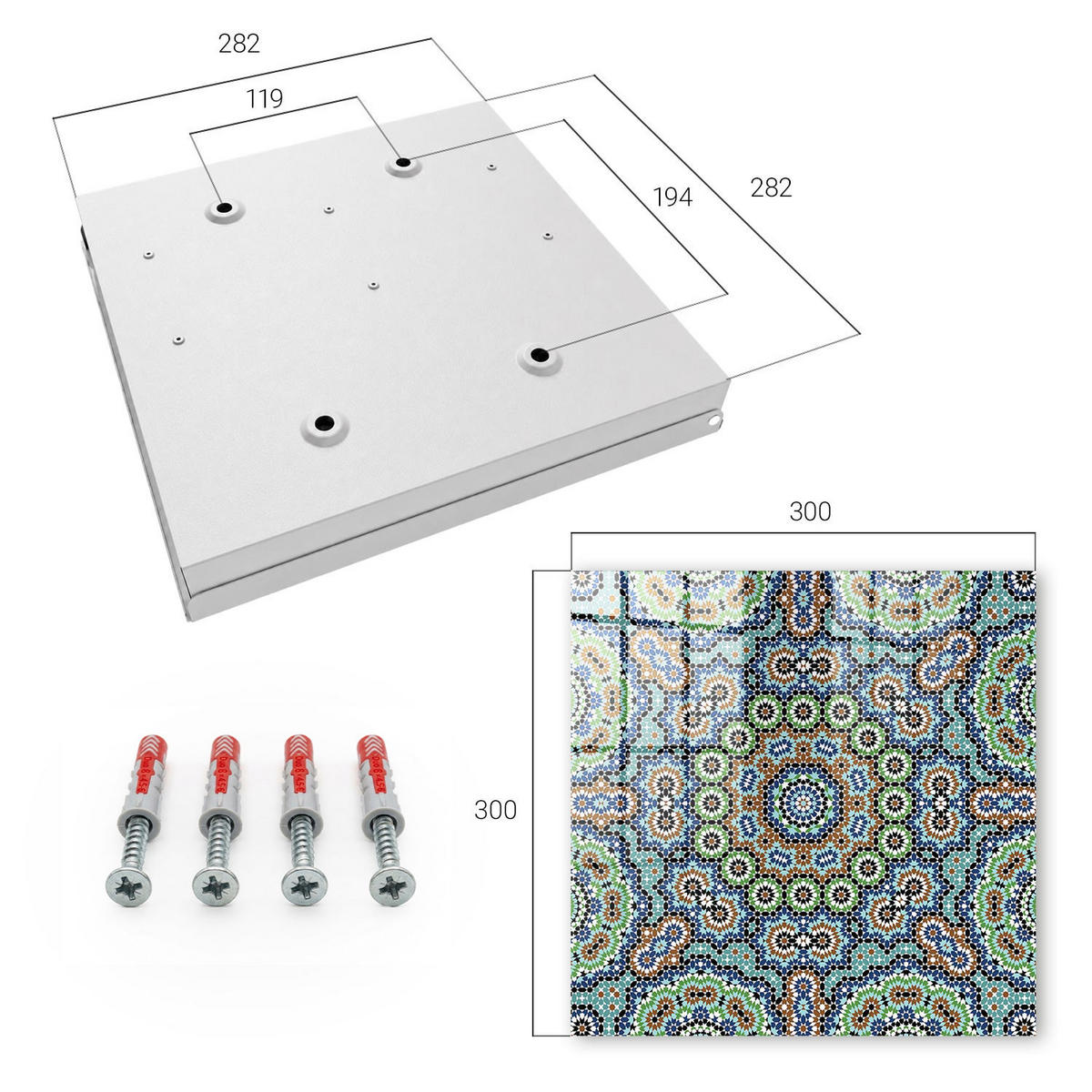SCHLÜSSELBOX Weiß 30x30 cm – Türöffnung nach rechts - Farbenfrohes Mosaik - Blau, Metall (30/30/5cm) - TULUP