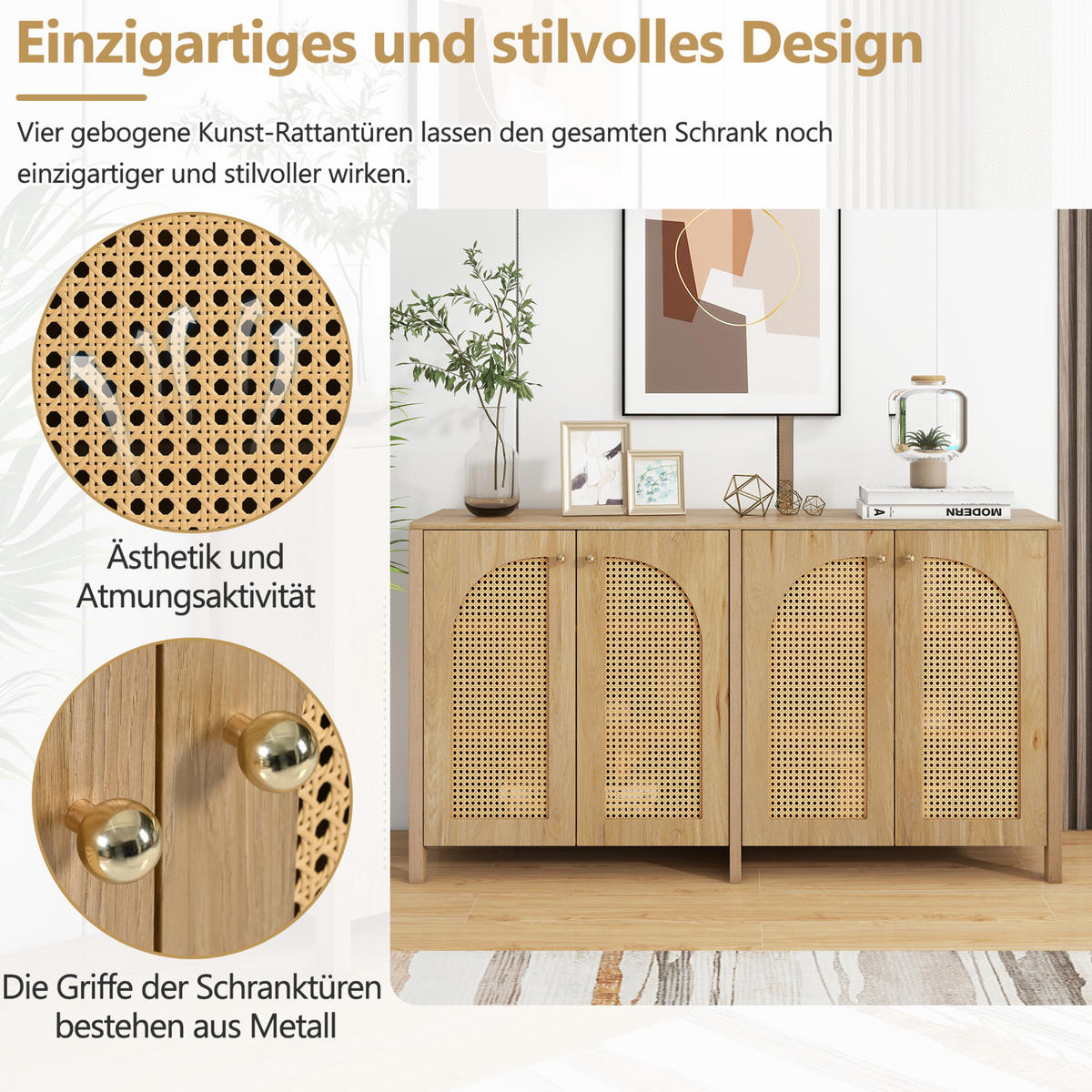 SIDEBOARD mit 4 Türen, Kunst-Rattan, Metallgriffen und verstellbarem Einlegeboden, Natur - Naturfarben, Holzwerkstoff (145/40/80cm) - Redom