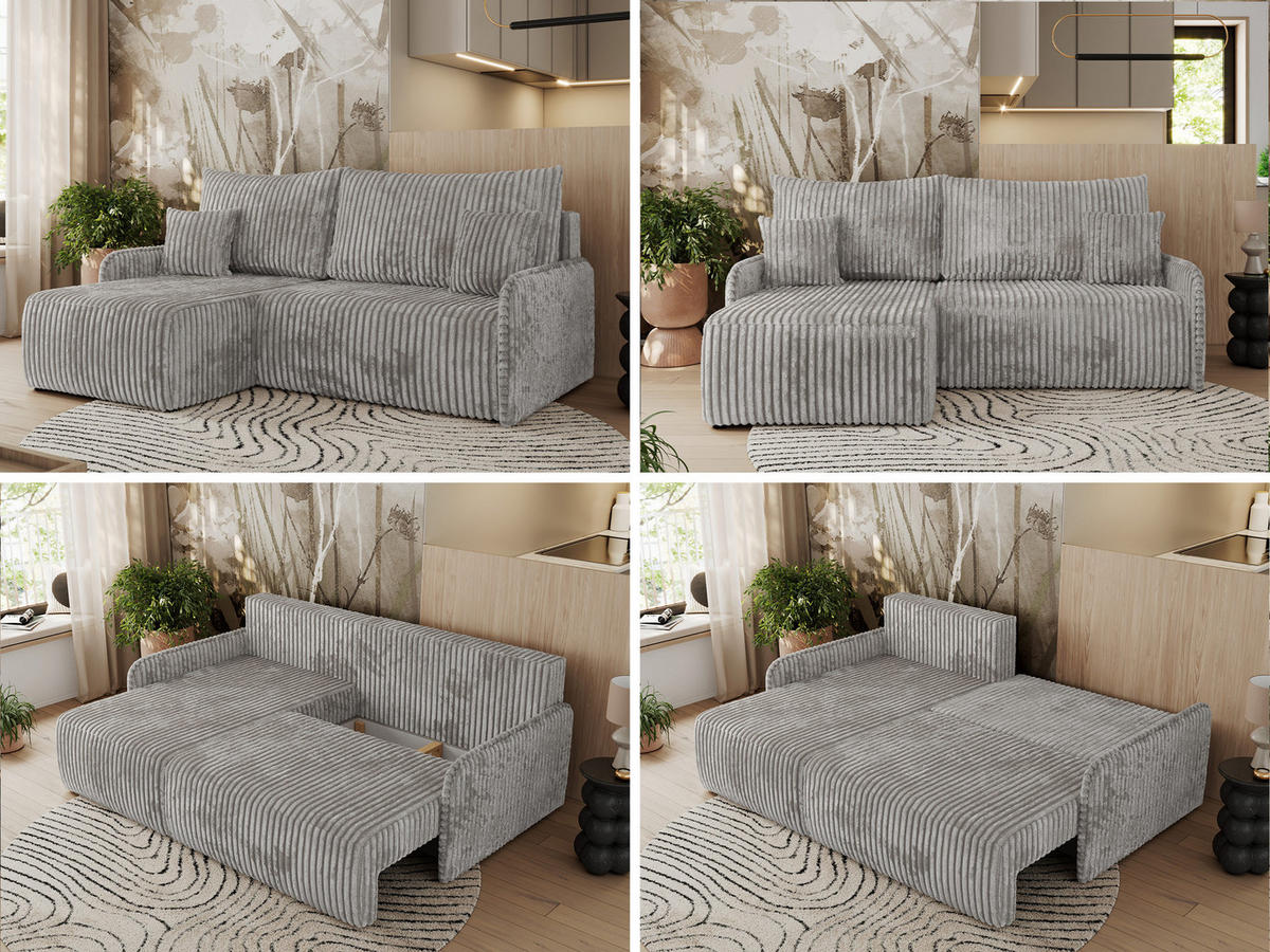 ECKSCHLAFSOFA ARPA L Grau Cord - links - Schwarz/Grau, Kunststoff/Textil (198/150cm) - MKS