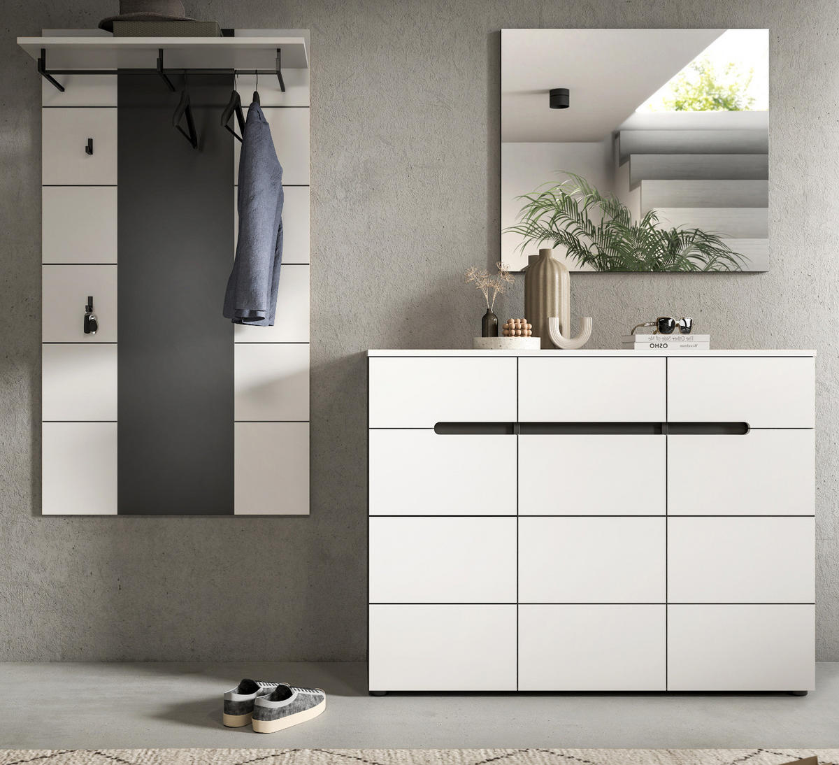 GARDEROBEN-SET 3-teilig weiß, grau 215 cm, Flurmöbel mit Soft-Close, Cooper - Schwarz/Weiß, Glas/Holzwerkstoff (215/190/37cm) - Inn.Furn