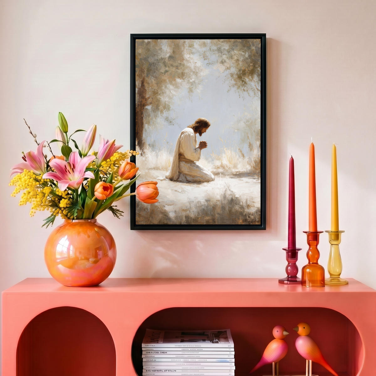 LEINWAND Bilder mit Rahmen - Jesus - Kniend - Waldlandschaft - Betend - 20x30 - Beige, Textil (20/30cm) - MuchoWow