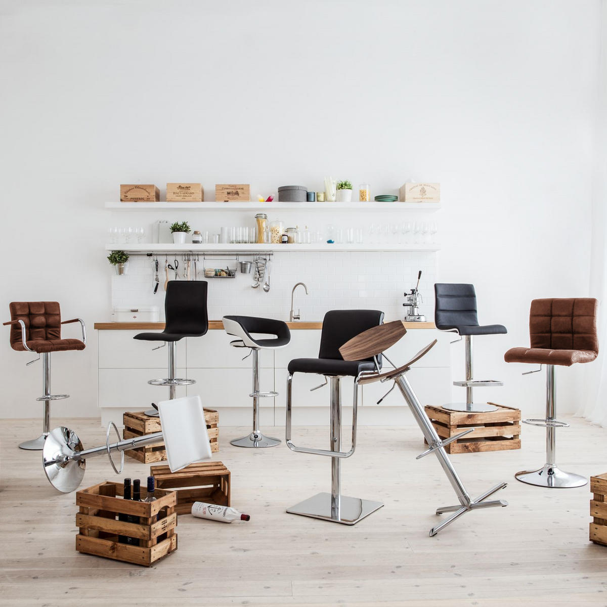 BARSTUHL - Metall / Kunstleder - Chromfarben/Braun, Leder/Kunststoff (53/96/49cm) - home24