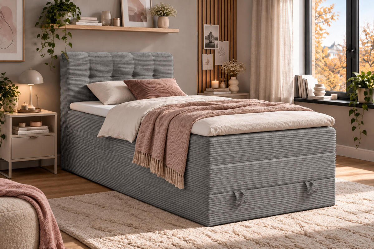 BOXSPRINGBETT JUNG 2 100/200 Cord Hellgrau mit Matratzen H3 + H4 - Hellgrau, Holz/Holzwerkstoff (100/200cm) - Deine Möbel 24