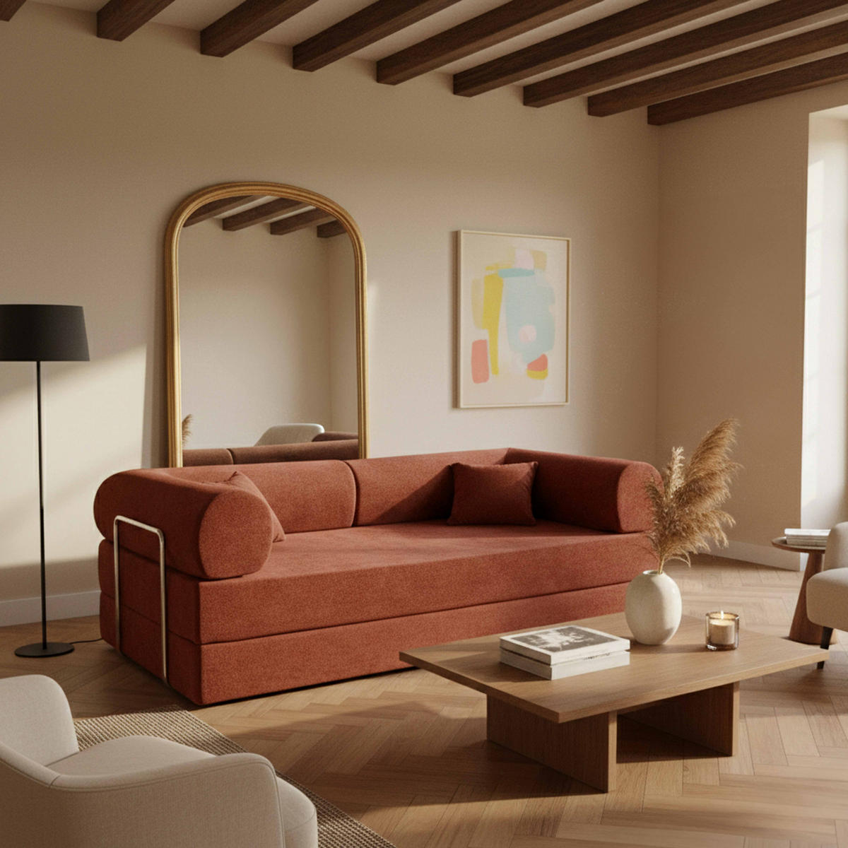 SCHLAFSOFA mit 2 Sitzplätzen, Braun - Rot, Textil (204/67/102cm) - Oviala