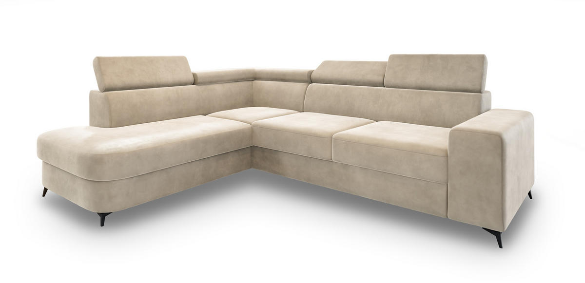 ECKSOFA ALVORO L-S Creme Velours-Stoff mit Schlaffunktion - Creme, Holz (253/190cm) - MASSENO