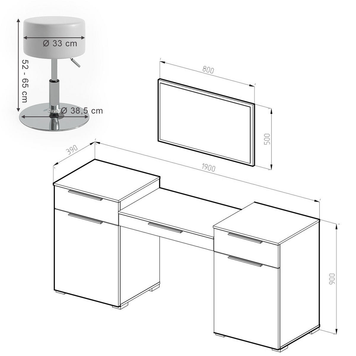 SCHMINKTISCH Lilli Weiß 190 cm mit Hocker - Weiß, Holzwerkstoff (190/90/39cm) - Vicco