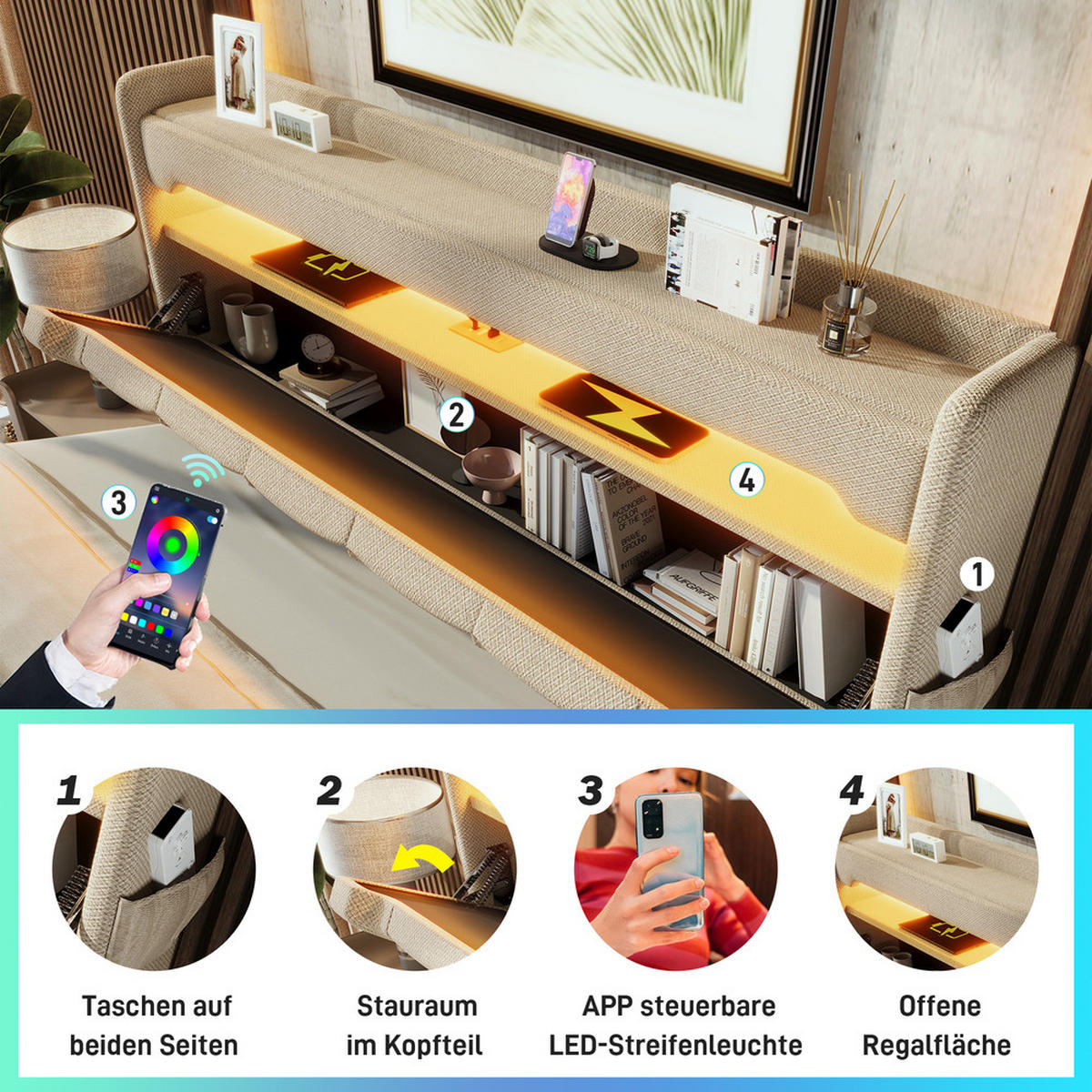 DOPPELBETT 140*200 cm, mit USB Typ-C, LED-Leuchten Kopf und Fußende des Bettes, Stauraum, beige, Leinen, mit Matratze - Beige, Holz (140/200cm) - FLIEKS