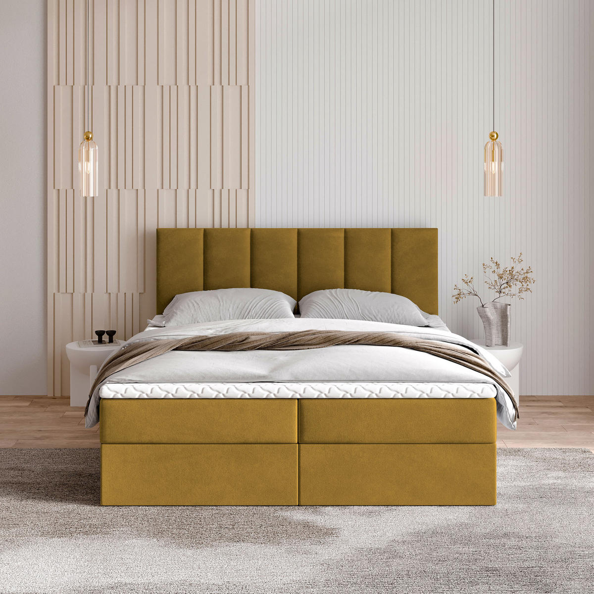 BOXBETT MERIL 180x200 cm mit Matratze und Topper - Gelb - Gelb, Holz (180/200cm) - MASSENO