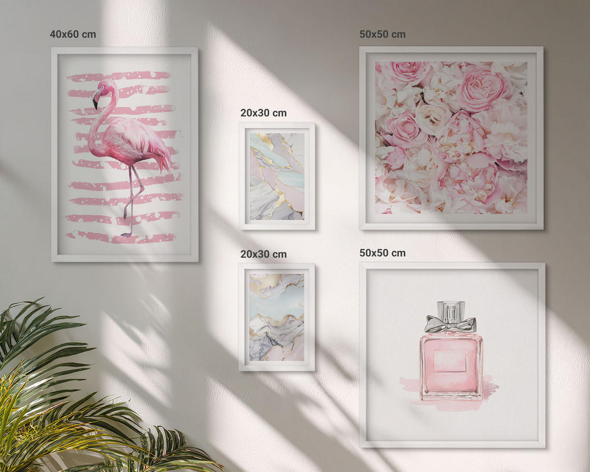 BILDER SET 5er Set - 50x50 cm & 20x30 cm & 40x60 cm Weißer Rahmen - Rosa Blumen Marmor Pastell - Weiß, Kunststoff (40/60cm) - TULUP