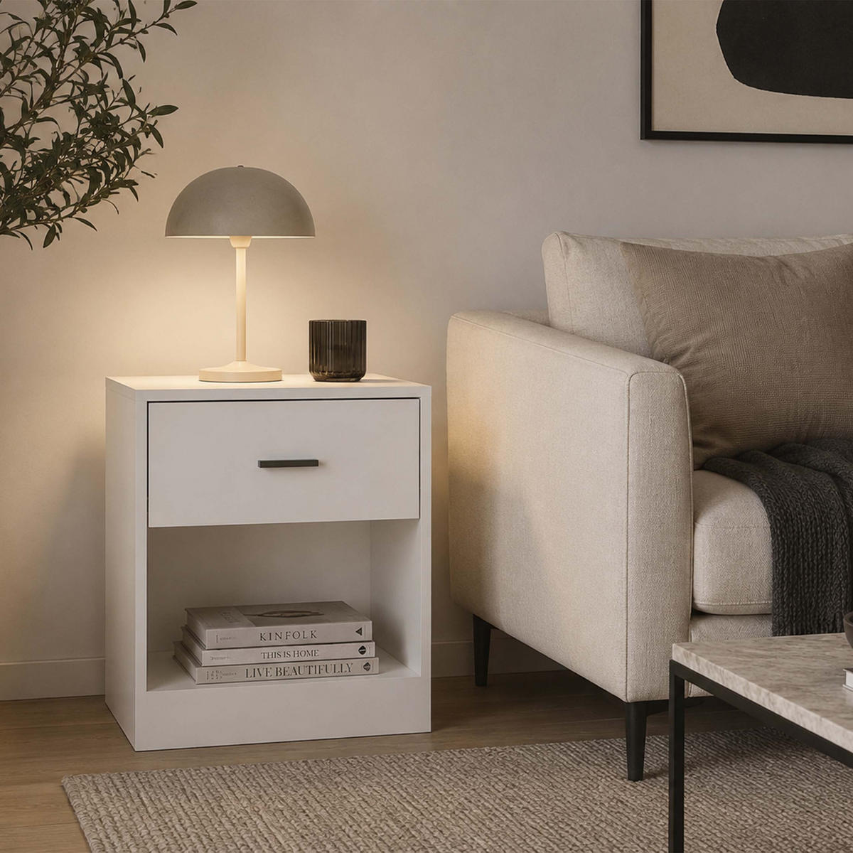 NOČNÝ STOLÍK Biely so zásuvkou - biela, kompozitné drevo (39/41/28cm) - Relaxdays