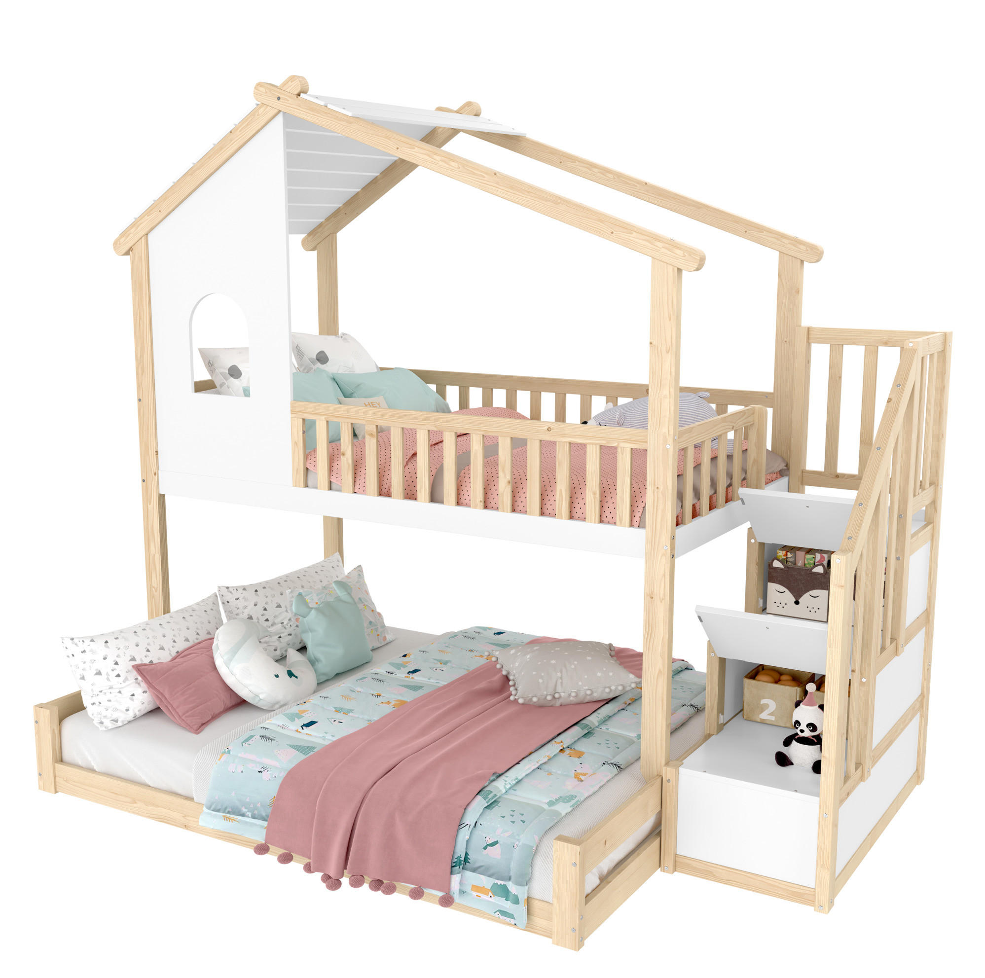 OKWISH PATROVÁ postel 90/200 cm přírodní bílá z borovice s úložným schodem, vzhled domu