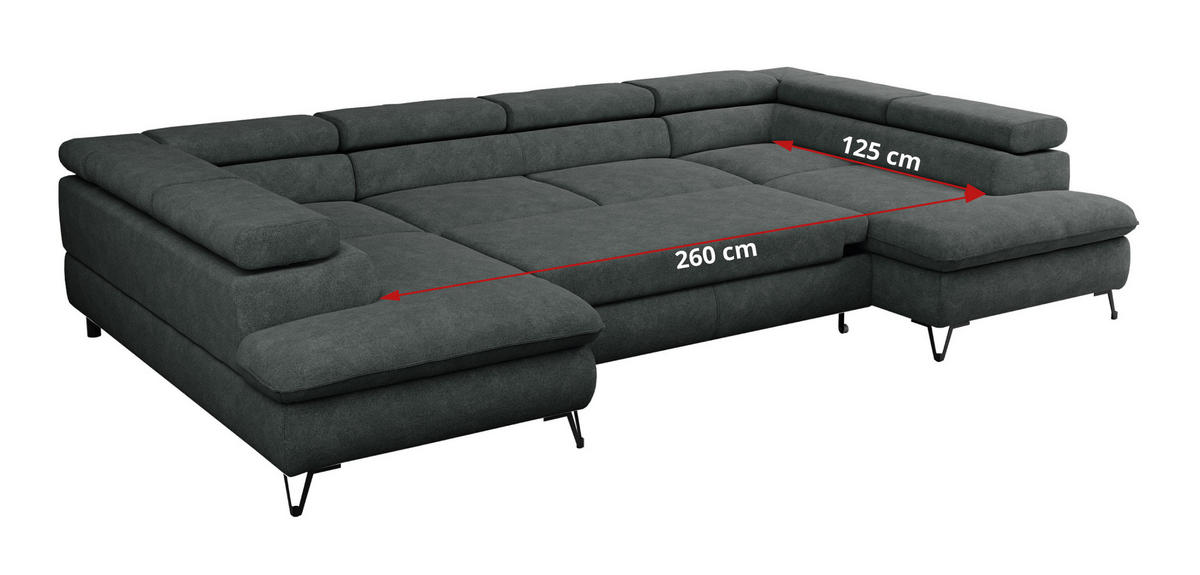 WOHNLANDSCHAFT PETER U Struktur Dunkelgrau - Dunkelgrau/Schwarz, Textil/Metall (346/76/208cm) - MKS