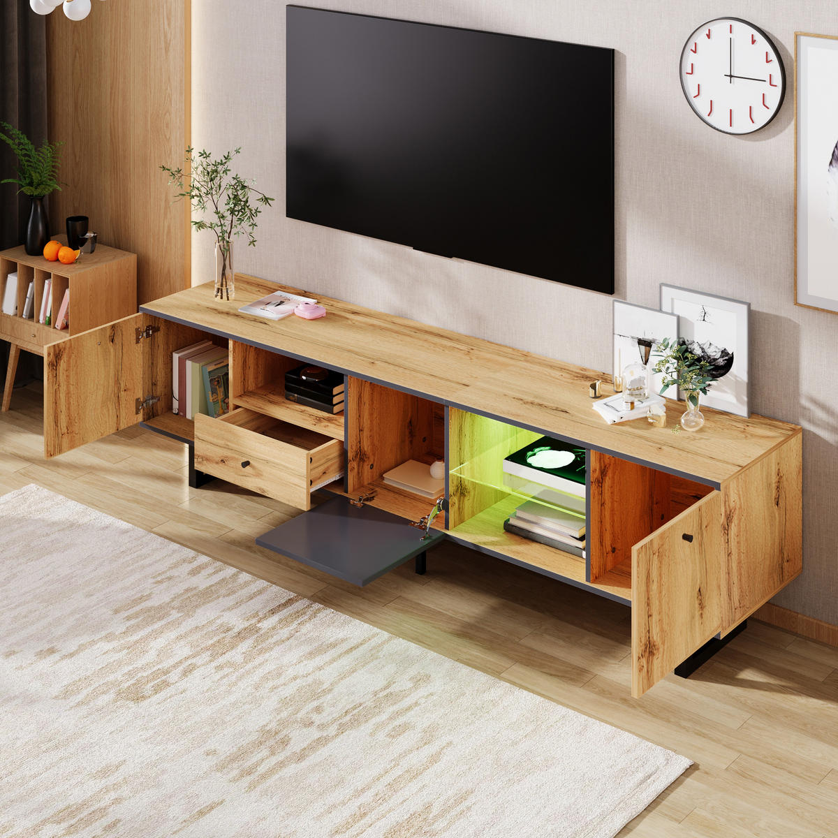 LOWBOARD mit LED-Lichteffekt Glastrennwand drei Türen Schublade und Pufferscharnier - Schwarz/Naturfarben, Holzwerkstoff/Metall (190/50/40cm) - EVRYAE