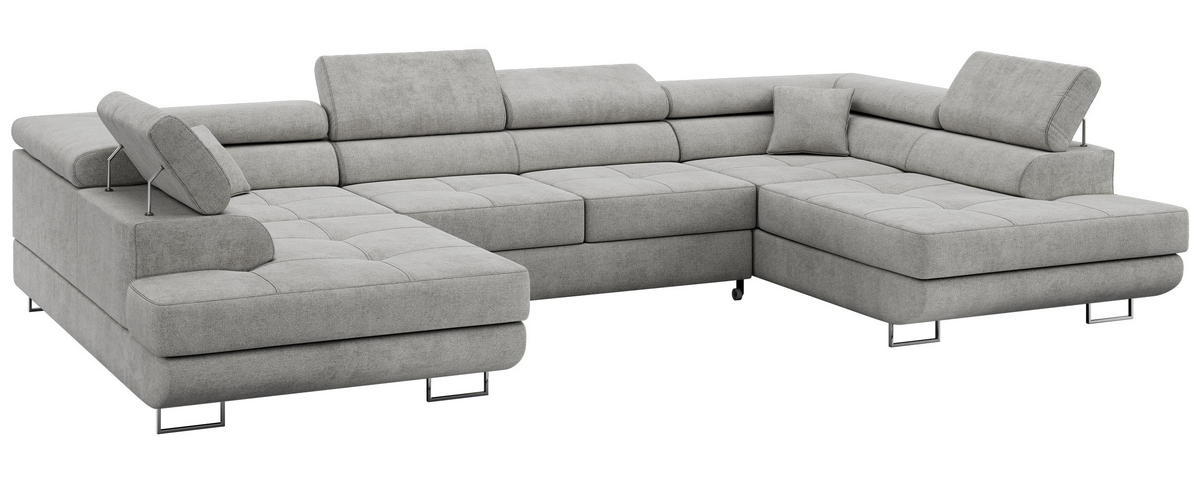 WOHNLANDSCHAFT GUSTAW U Hellgrau Struktur - Silberfarben/Hellgrau, Textil/Metall (340/55/205cm) - MKS