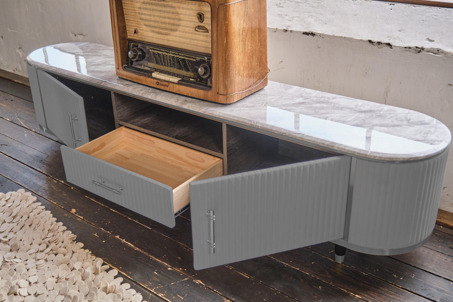 Thumbnail - Kawola Lowboard, Grau, Schwarz, Kunststoff, Oval, 200x45x40 cm, Wohnzimmer, Wohnwände, Lowboards, Lowboards stehend