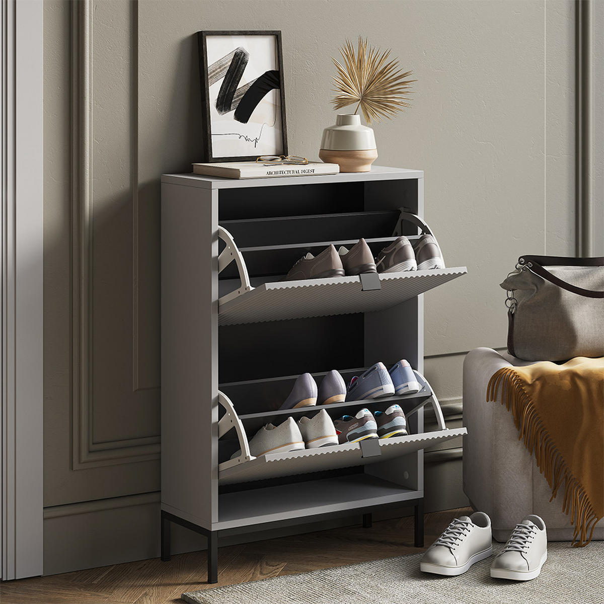 SCHUHKIPPER Eliza Grey 60 x 92 cm se 2 výklopnými zásuvkami - šedá, kompozitní dřevo (60/92/24cm) - Vicco