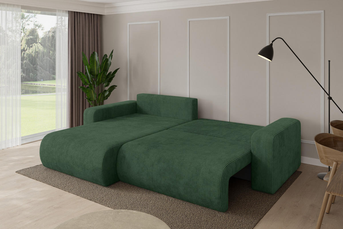 ROHOVÁ SEDAČKA s funkcí spaní, otoman vlevo BERY-L 276x193x88 zelená manšestr - černá/tmavě zelená, kompozitní dřevo/textil (276/193cm) - ALTDECOR