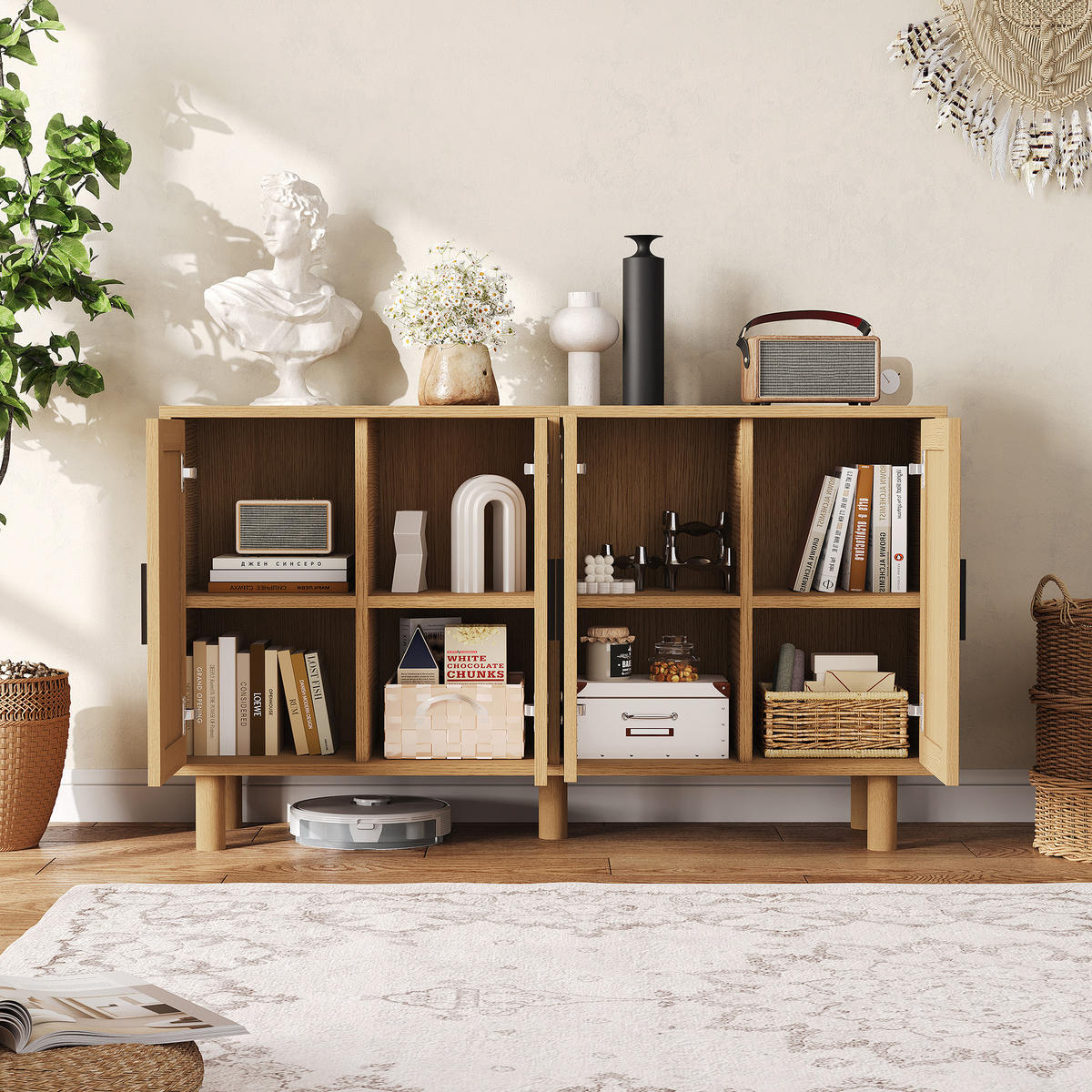 SIDEBOARD Rattan mit Türen aus Cannage, Buffetschrank verstellbare Einlegeböden, Holzoptik Natur - Naturfarben, Holz (40/80/140cm) - PARAFTA HOME