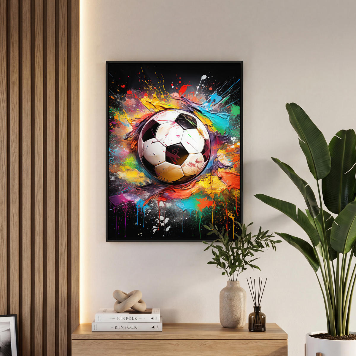 LEINWAND Bilder mit Rahmen - Fußball - Farbe - Farben - Schwarz - Weiß - 60x80 - Weiß, Textil (60/80cm) - MuchoWow
