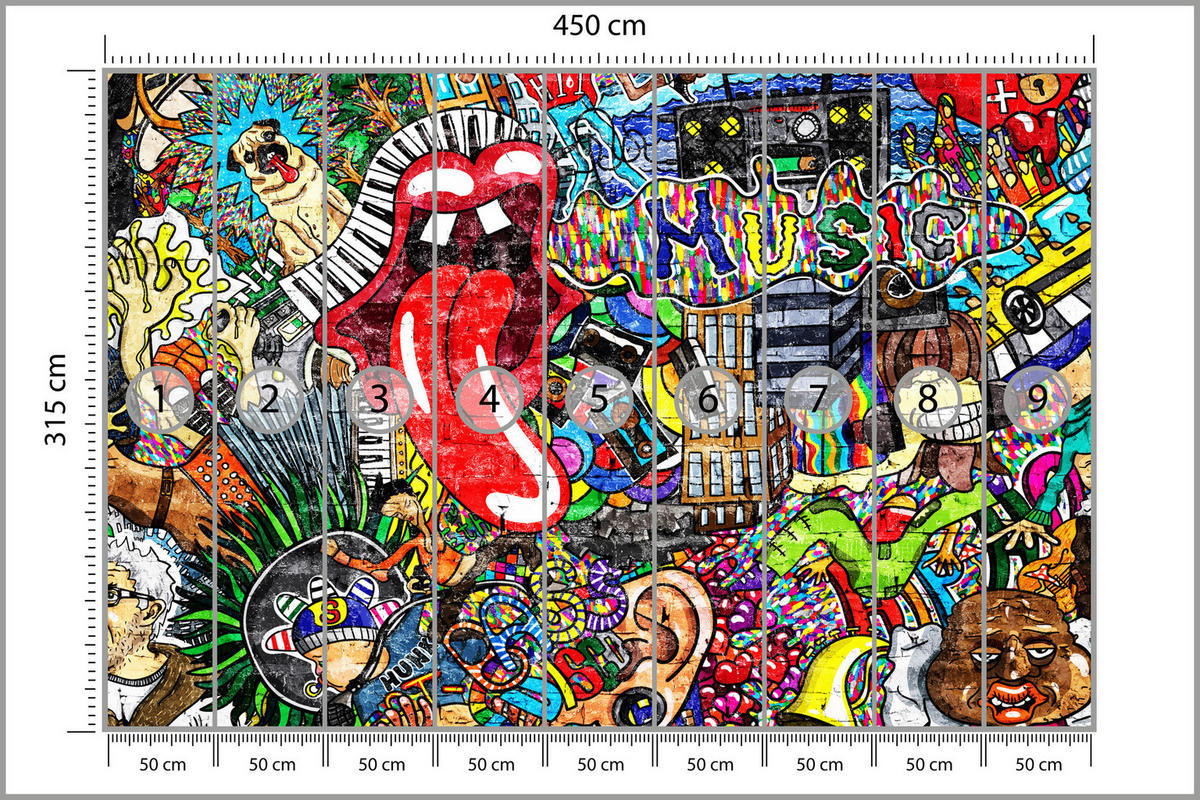 FOTOTAPETE für Jugendzimmer GRAFFITI Musik Abstrakt Farben 450x315 - Blau/Gelb, Papier (450/315cm) - Muralo