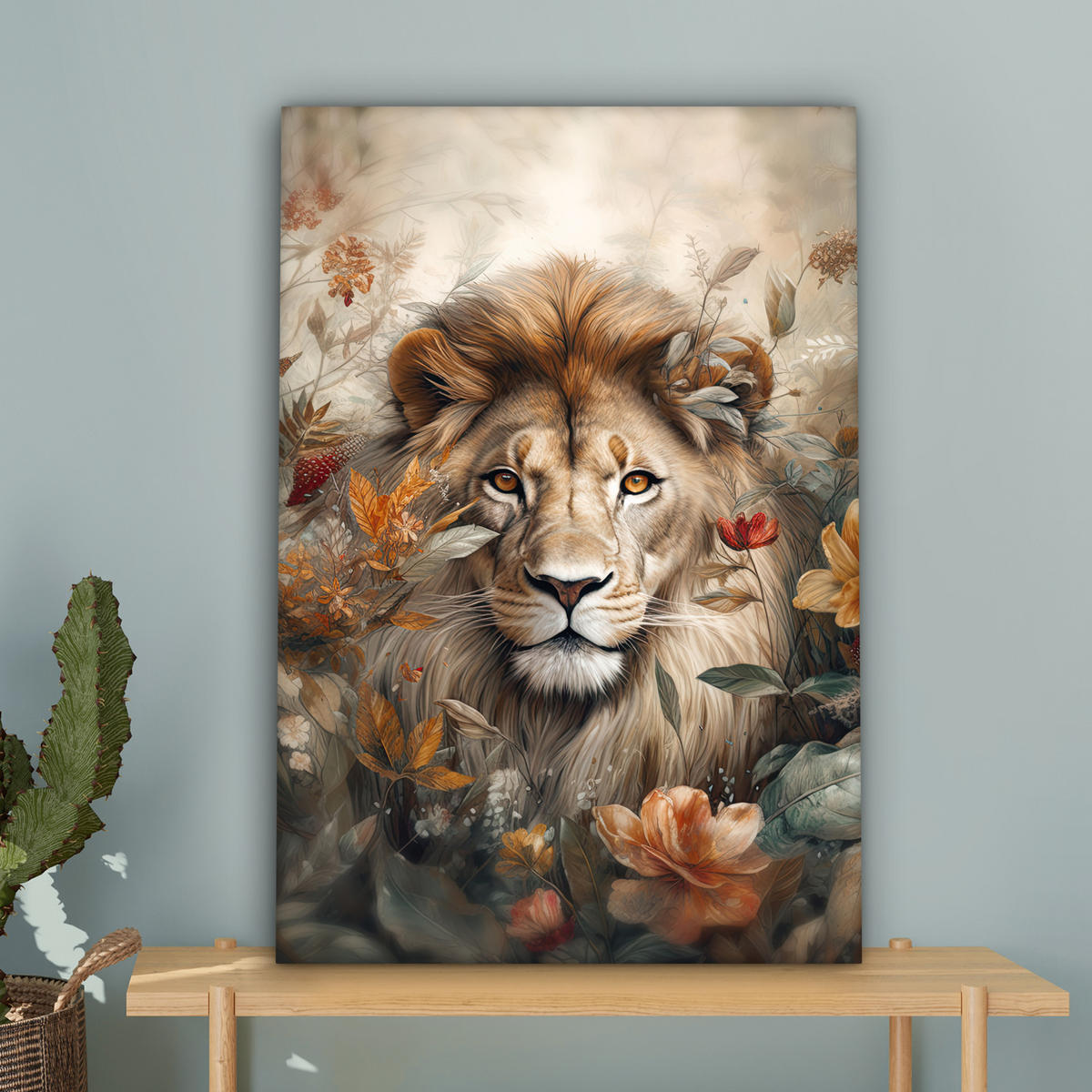 LEINWANDBILD Löwe - Wildtiere - Pflanzen - Natur - Blumen 60x90 cm - Beige, Textil (60/90cm) - MuchoWow