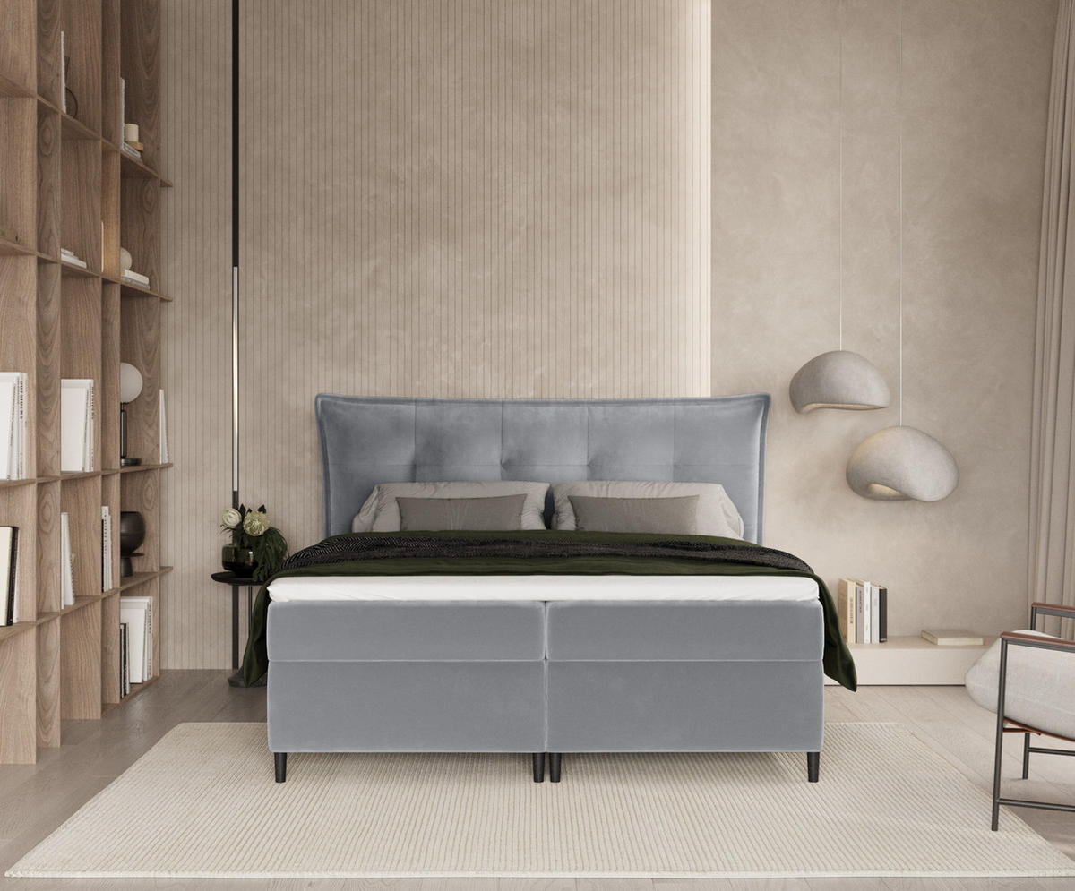 BOXBETT Sinai Blau Grau 140/200 cm mit Taschenmatratze und Topper - Blaugrau/Schwarz, Holz/Holzwerkstoff (140/200cm) - Maison de Reve