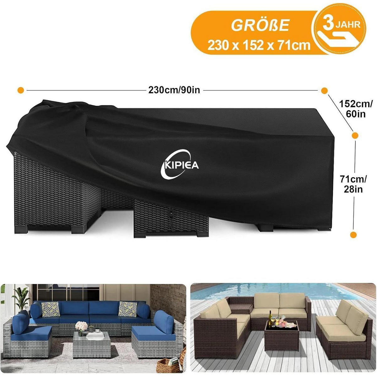 GARTENMÖBEL Abdeckung Wasserdicht 228 x 152 x 71 cm - Schwarz, Kunststoff (152/71/230cm)