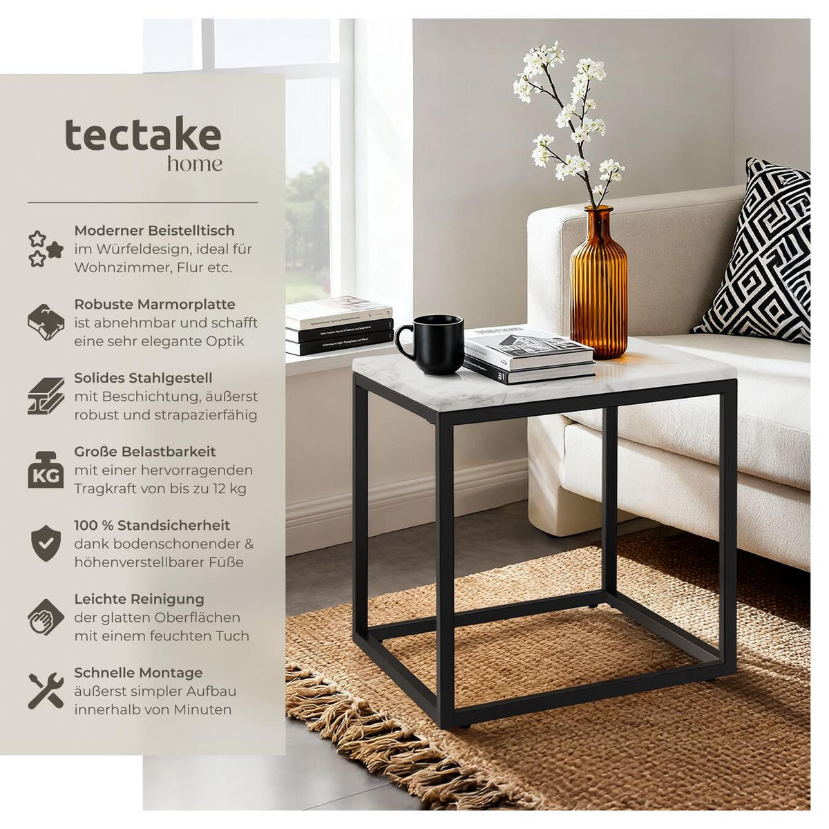 MARMOR-BEISTELLTISCH Alysia,mit höhenverstellbaren Kunststofffüßen,schwarz/weiß - Schwarz/Weiß, Stein (45/45/47.5cm) - tectake