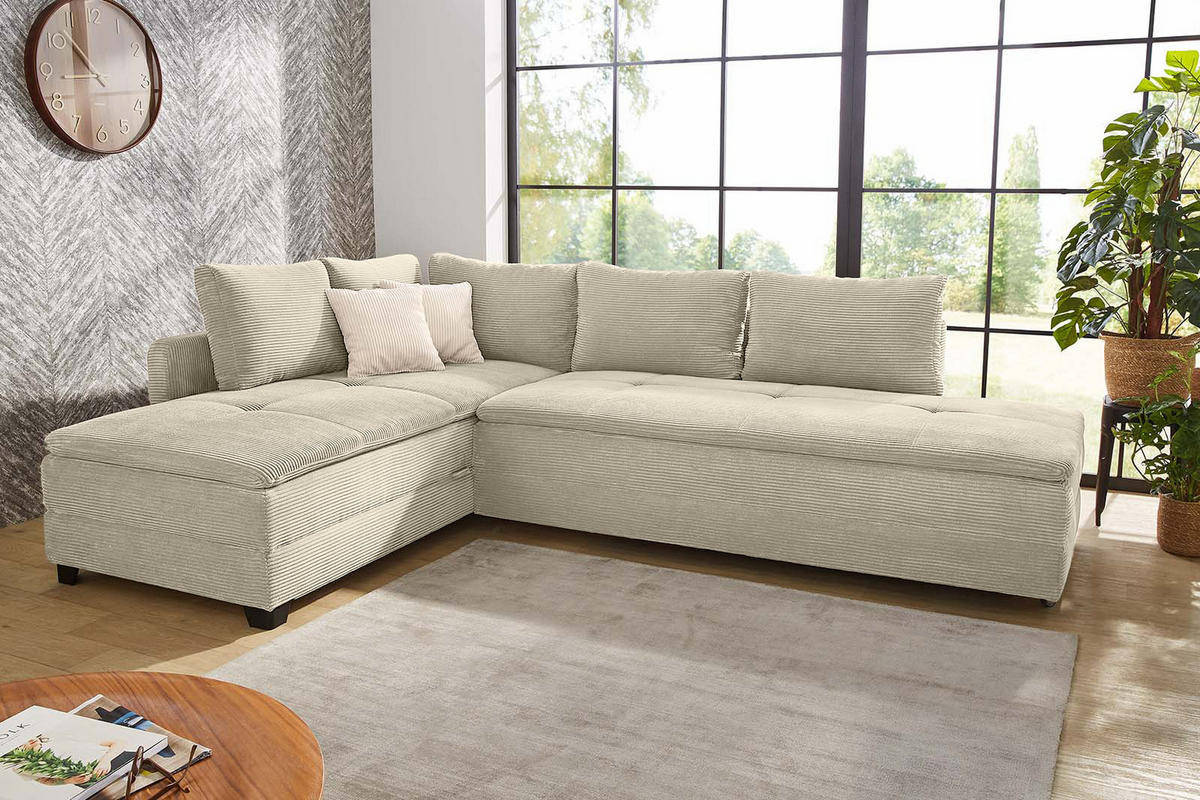 ECKSOFA-DAUERSCHLÄFER Doppelbett Boxspring Federkern Topper, seitenverkehrt montierbar B306/T223/H95 cm, Cord Beige Grau / 15161 - Greige/Beige, Kunststoff/Textil (306/223cm) - luma-home