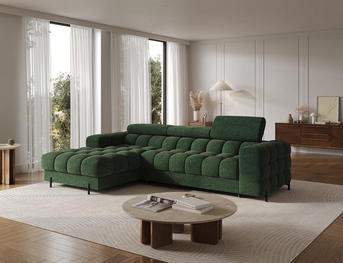 ECKSOFA FELRO mit Schlaffunktion, Bettkasten & verstellbaren Kopfstützen – Modernes Premium-Ecksofa in L-Form - Grün, Kunststoff (285/181cm) - Wohnideebilder