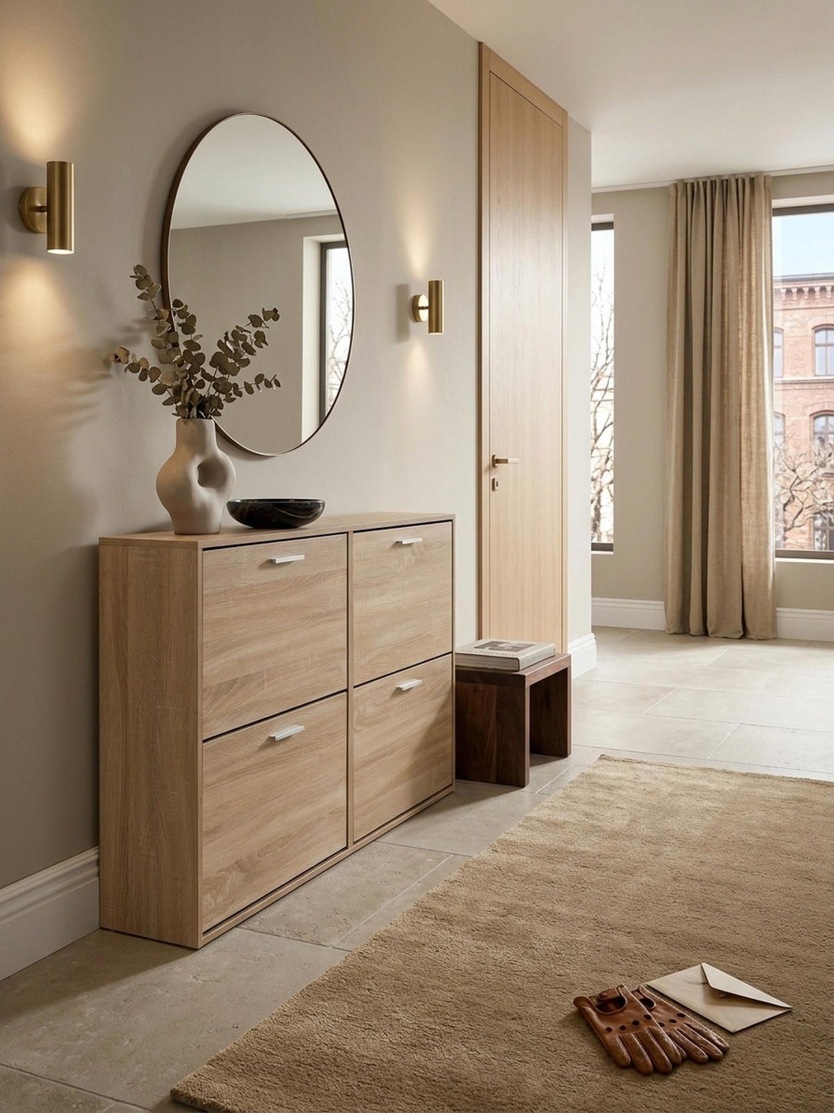 SCHUHSCHRANK Holz mit 4 Klappen und großer Ablage, Beige 120x24x81 cm - Beige, Holz/Metall (120/81/24cm) - KADIMA DESIGN