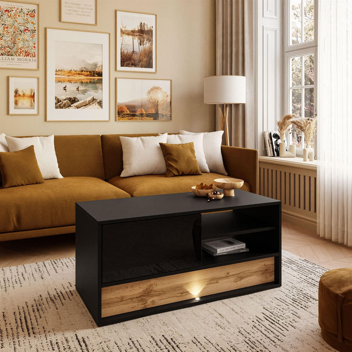 COUCHTISCH VILLA mit Wotan Eicheneinlage - Eiche Wotan/Schwarz, Holzwerkstoff (45/100/46cm) - Lookway