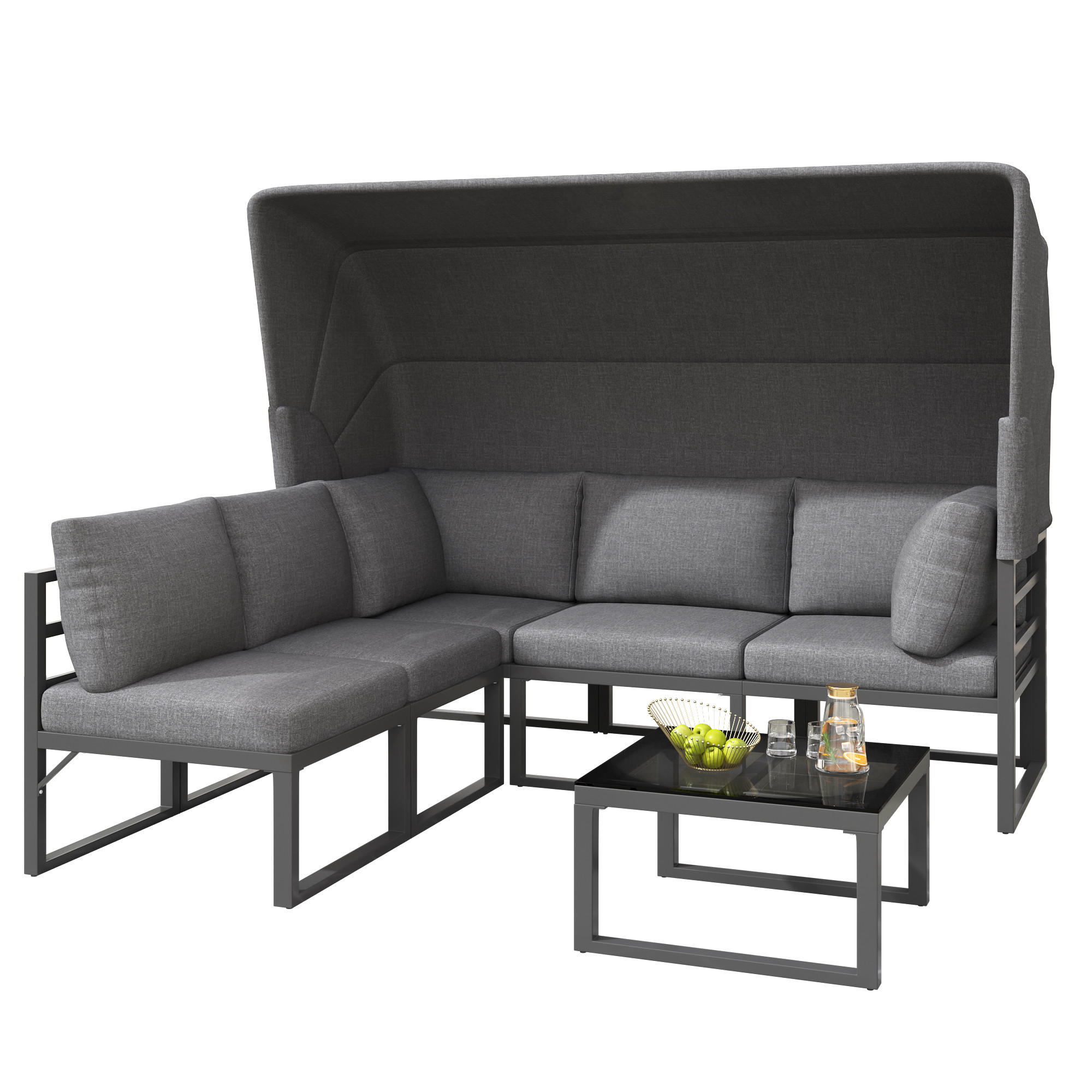 LOUNGESESSEL Set Iron Sunny Island mit Hocker Tisch und Markise 4teilig Wetterfest für Balkon Garten Grau mit Kissen - Grau, Metall