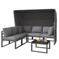 LOUNGESESSEL Set Iron Sunny Island mit Hocker Tisch und Markise 4teilig Wetterfest für Balkon Garten Grau mit Kissen - Grau, Metall