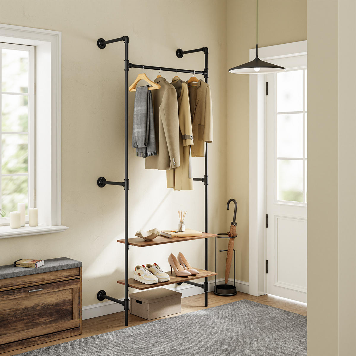 KLEIDERSTANGE mit 2 Regalböden, 45kg Tragkraft, 91,5x48x220cm - Schwarz, Metall (48/220/91.5cm) - SoBuy