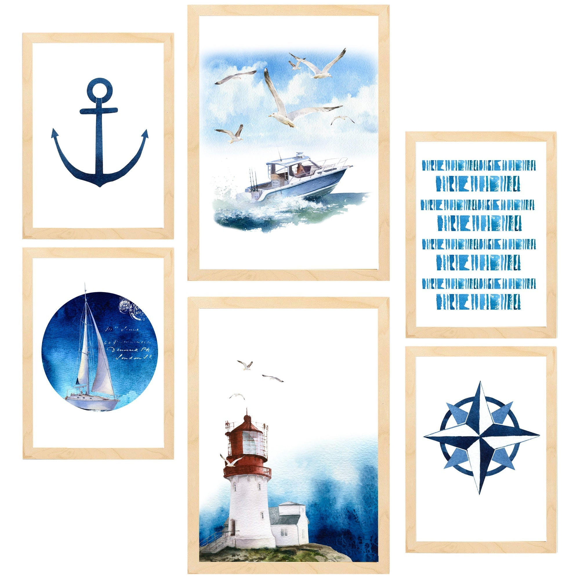 POSTER Set Mit 6 Dekoratives Blatt Mit Marineblauer A3 & A4 Rahmen Aus Hellem Holz - Beige, Papier (29/3cm) - Nacnic